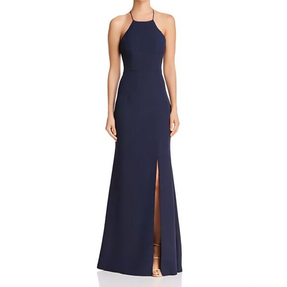 New Bariano - L Navy Blue High-Neck Cross-Back Gown $230 - Picture 1 of 8